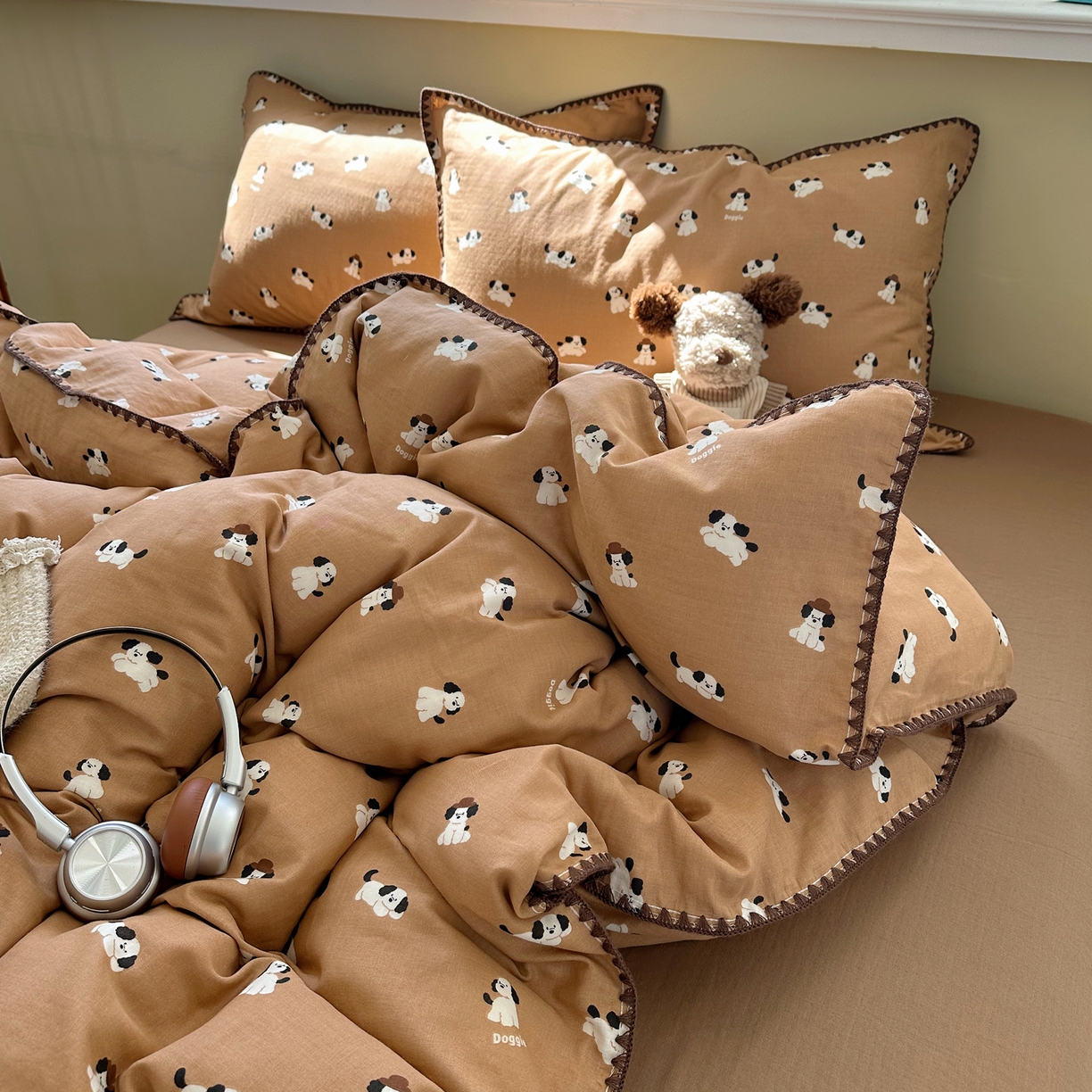 91家纺网 家纺一手货源 找家纺 瑞莱 2026新款A类全棉纯棉有氧双层纱四件套 焦糖奶汪-桔