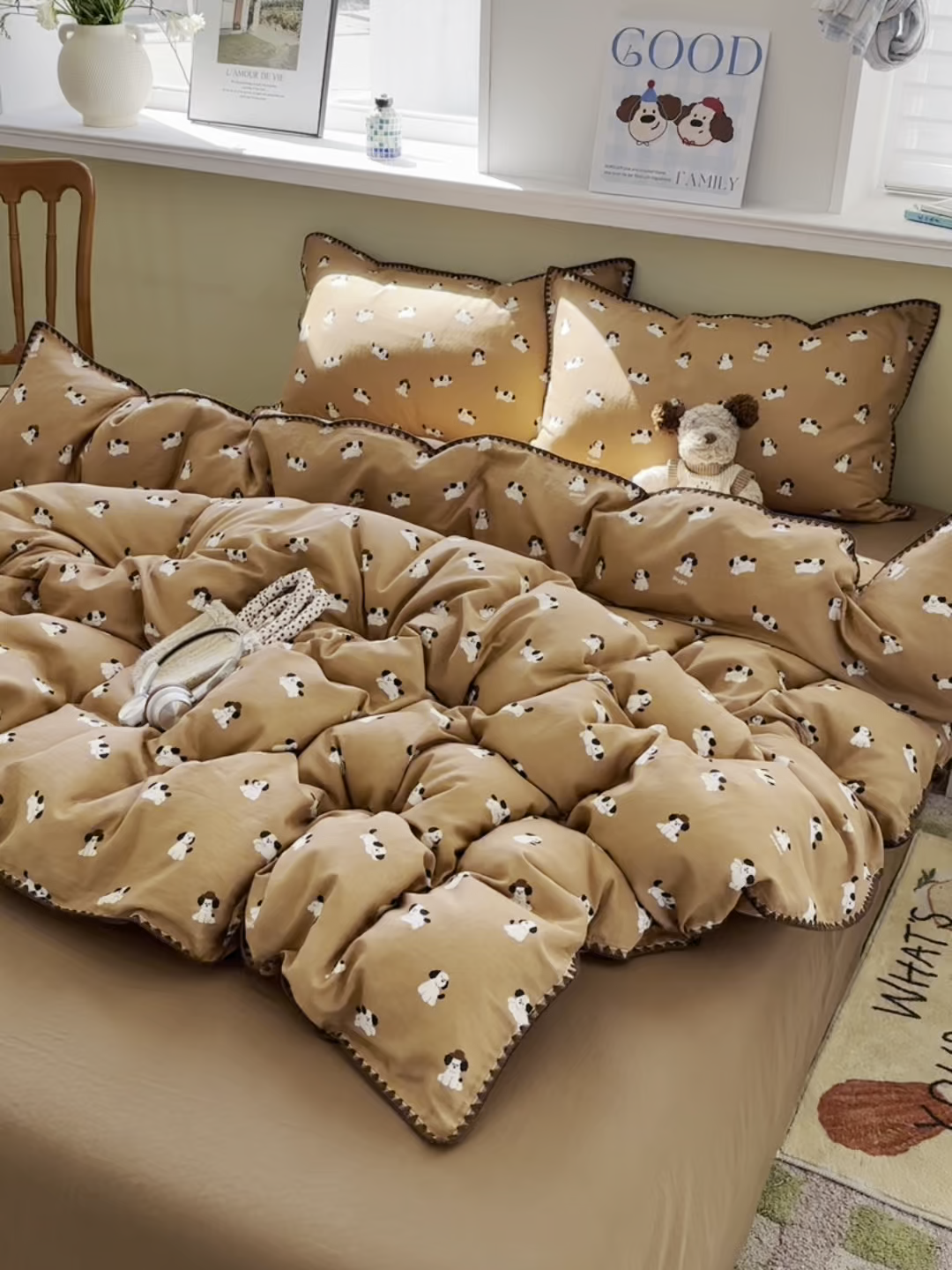 91家纺网 家纺一手货源 找家纺 瑞莱 2026新款A类全棉纯棉有氧双层纱四件套 焦糖奶汪-桔