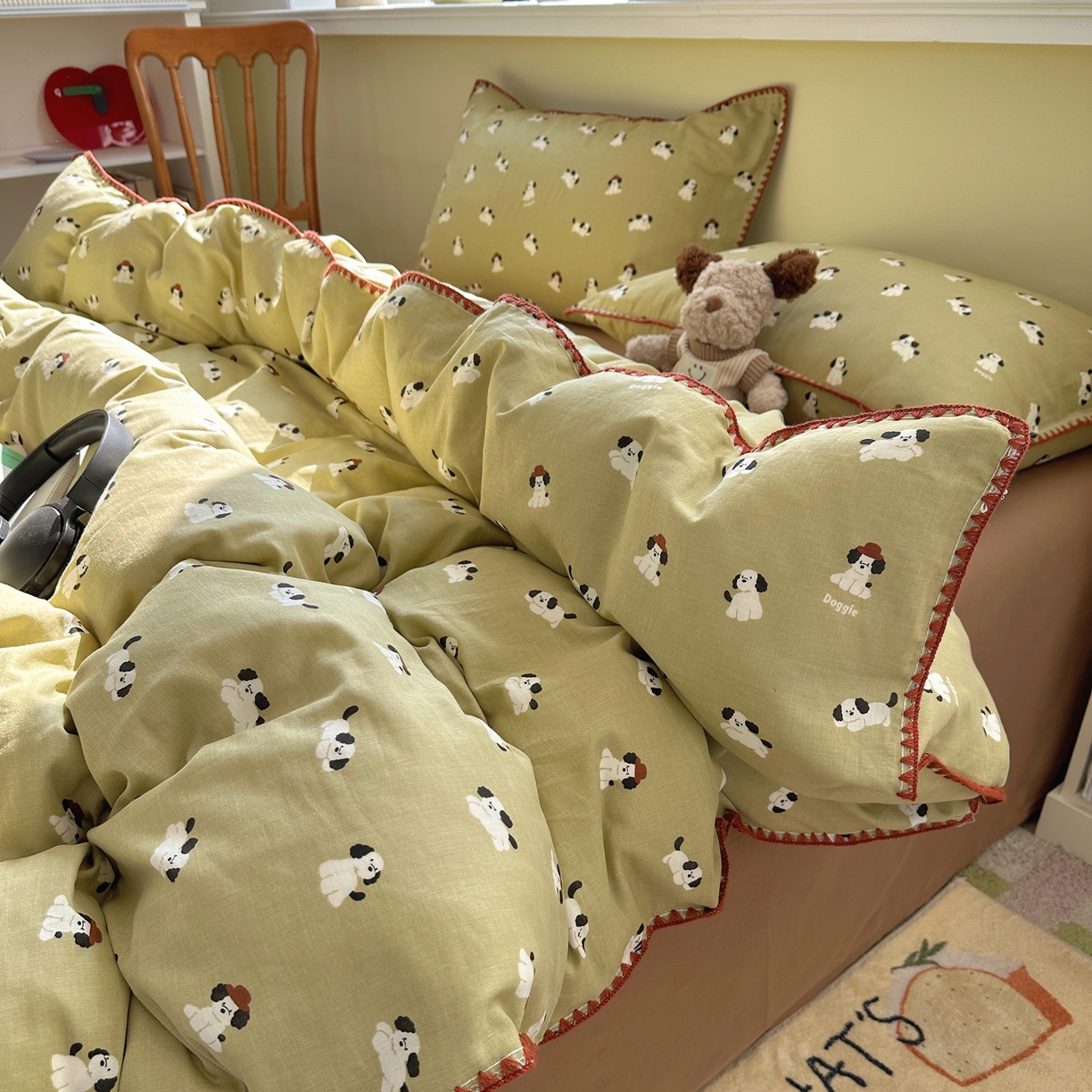 瑞莱 2026新款A类全棉纯棉有氧双层纱四件套 焦糖奶汪-绿