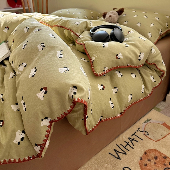 91家纺网 家纺一手货源 找家纺 瑞莱 2026新款A类全棉纯棉有氧双层纱四件套 焦糖奶汪-绿