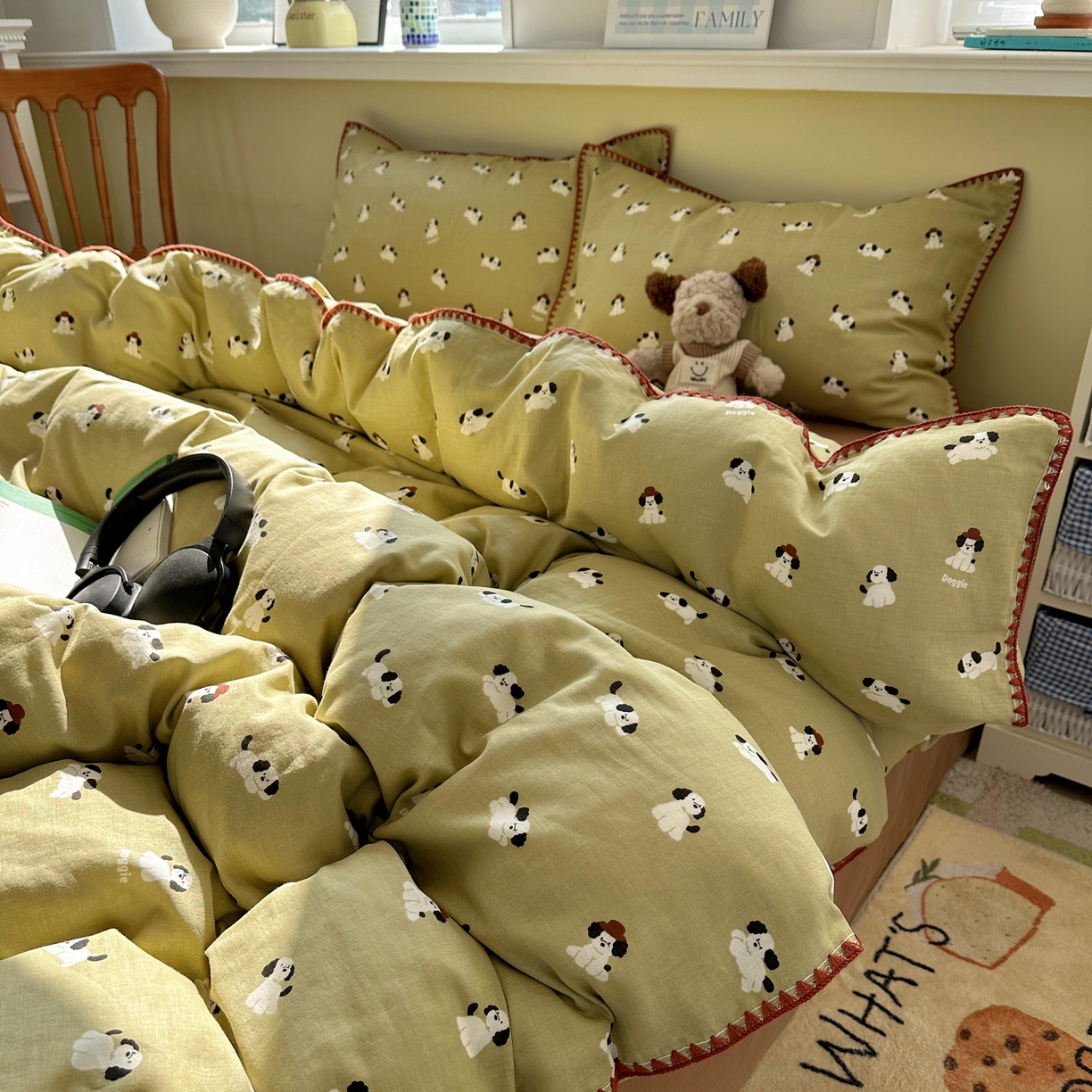 91家纺网 家纺一手货源 找家纺 瑞莱 2026新款A类全棉纯棉有氧双层纱四件套 焦糖奶汪-绿