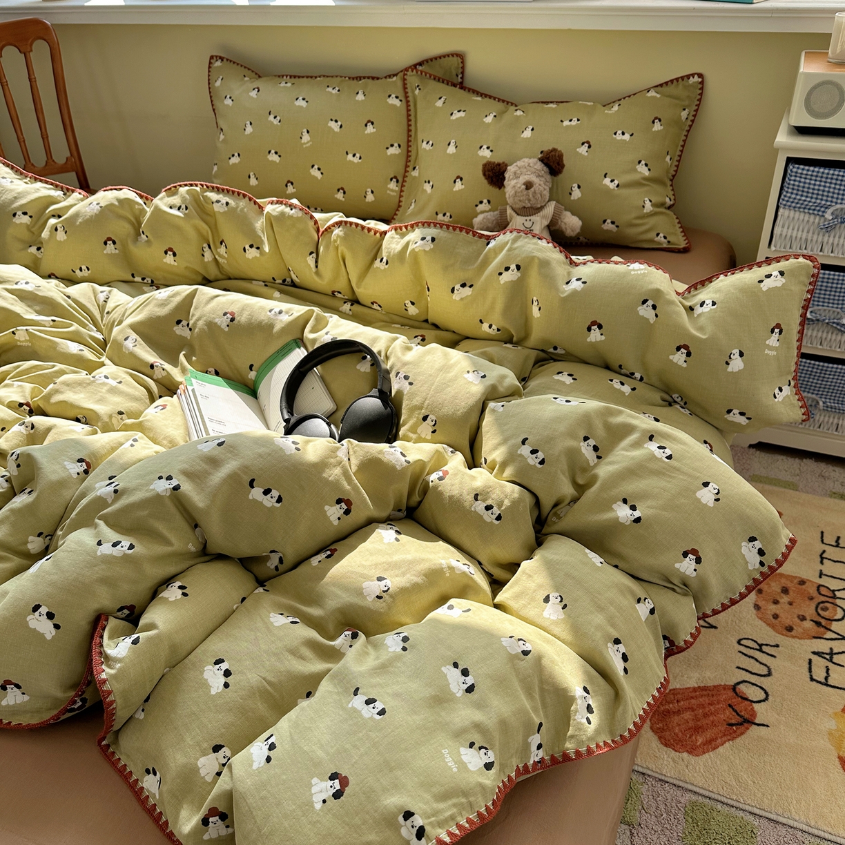 91家纺网 家纺一手货源 找家纺 瑞莱 2026新款A类全棉纯棉有氧双层纱四件套 焦糖奶汪-绿