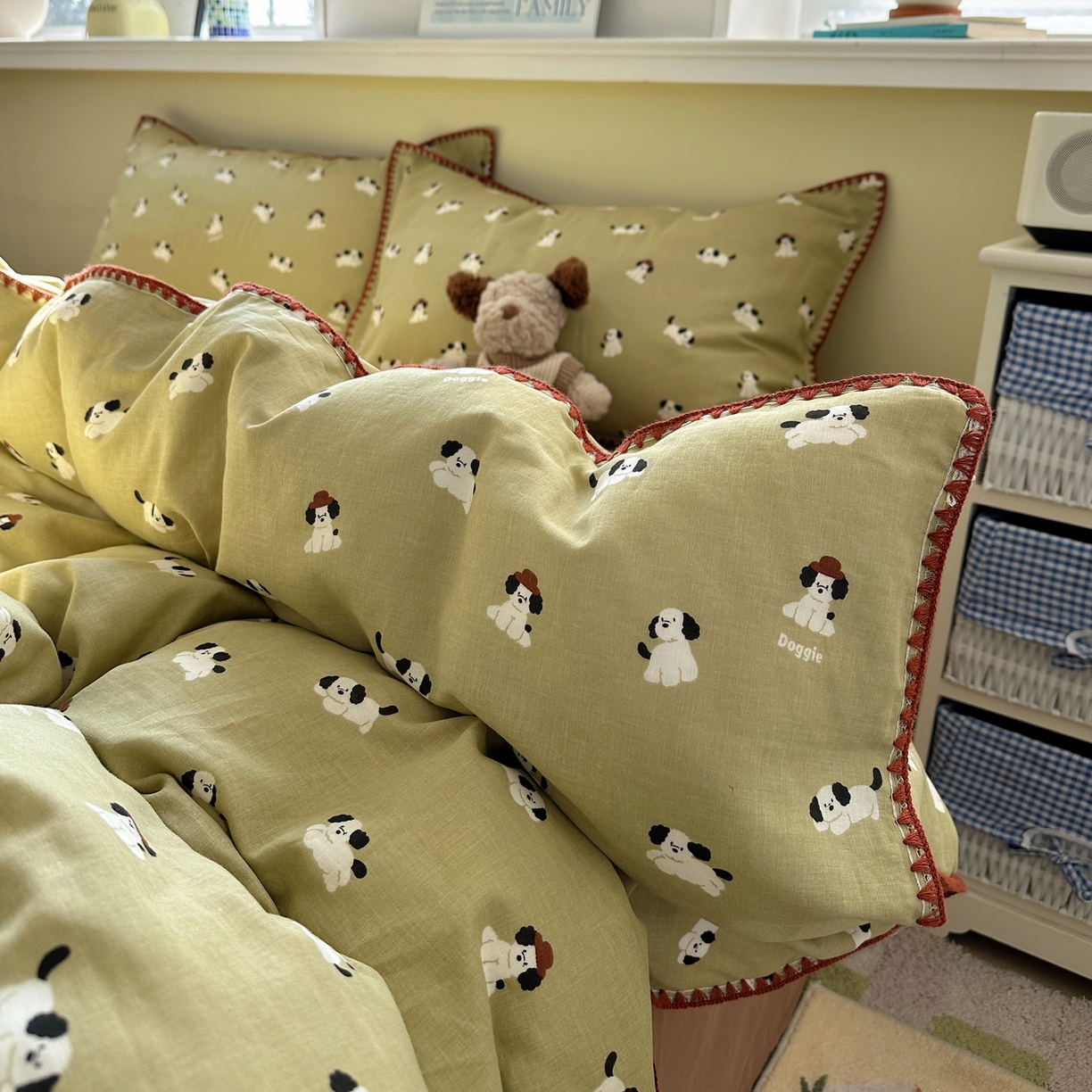 91家纺网 家纺一手货源 找家纺 瑞莱 2026新款A类全棉纯棉有氧双层纱四件套 焦糖奶汪-绿