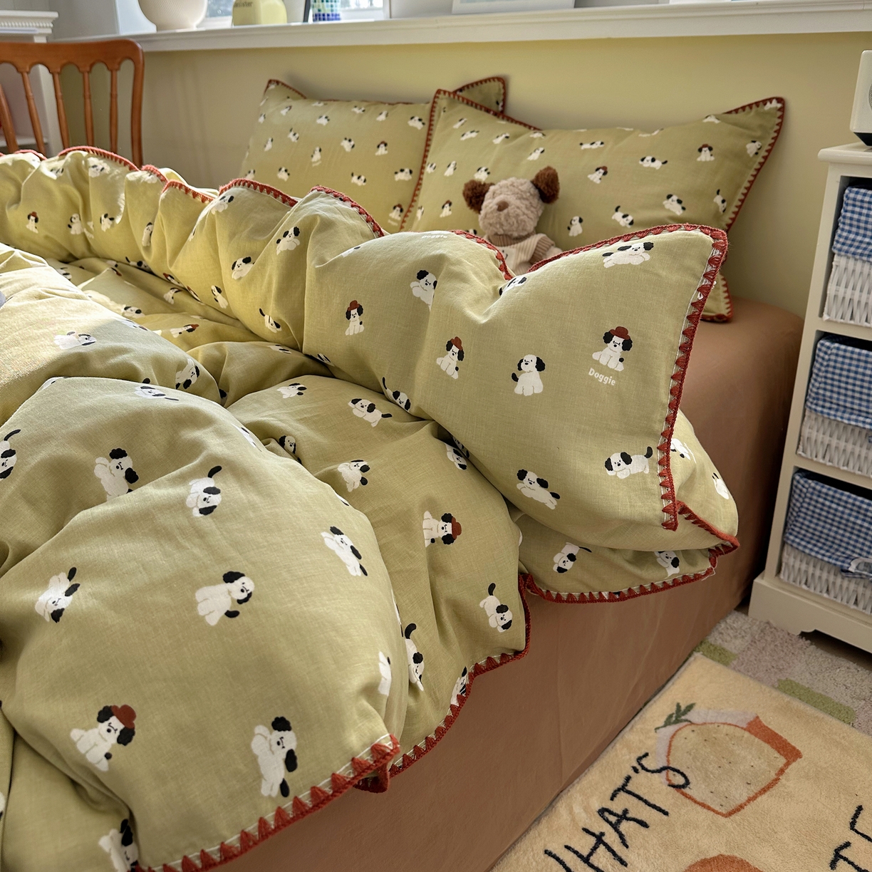 91家纺网 家纺一手货源 找家纺 瑞莱 2026新款A类全棉纯棉有氧双层纱四件套 焦糖奶汪-绿