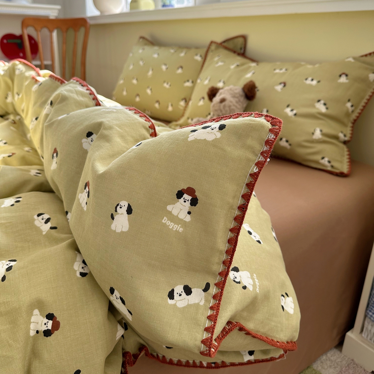 91家纺网 家纺一手货源 找家纺 瑞莱 2026新款A类全棉纯棉有氧双层纱四件套 焦糖奶汪-绿