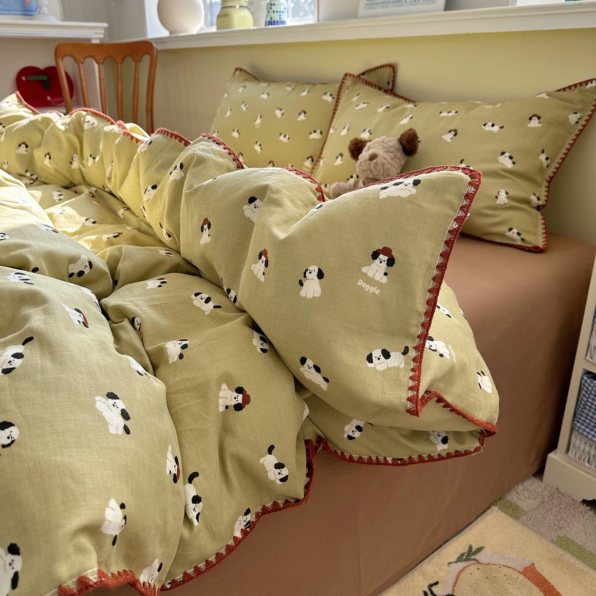 91家纺网 家纺一手货源 找家纺 瑞莱 2026新款A类全棉纯棉有氧双层纱四件套 焦糖奶汪-绿