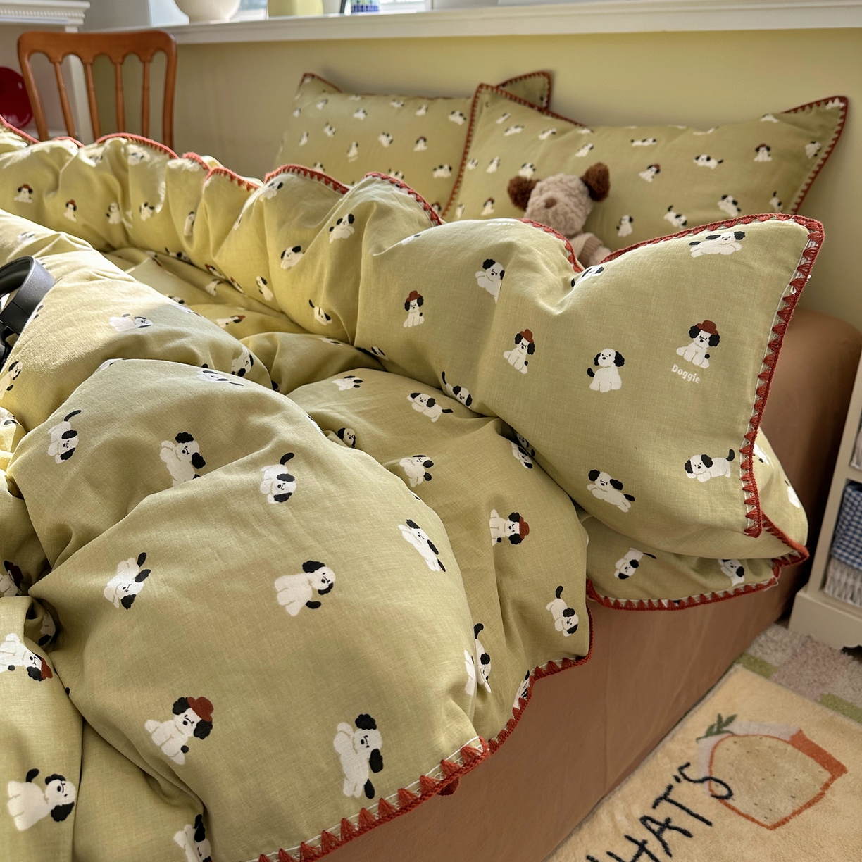 91家纺网 家纺一手货源 找家纺 瑞莱 2026新款A类全棉纯棉有氧双层纱四件套 焦糖奶汪-绿