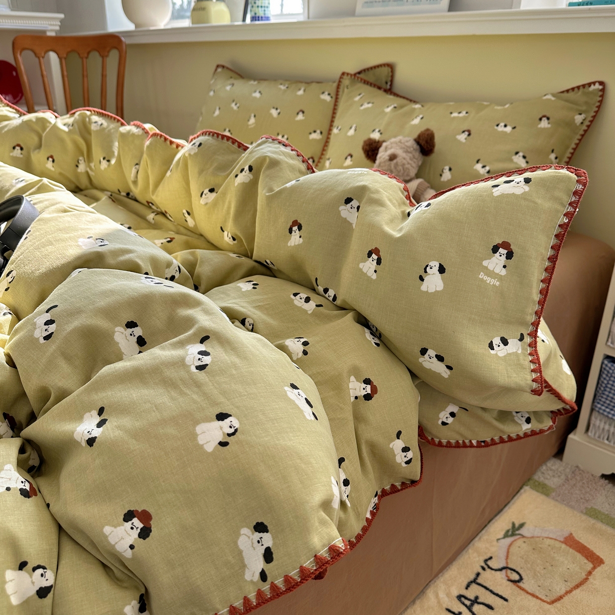 91家纺网 家纺一手货源 找家纺 瑞莱 2026新款A类全棉纯棉有氧双层纱四件套 焦糖奶汪-绿