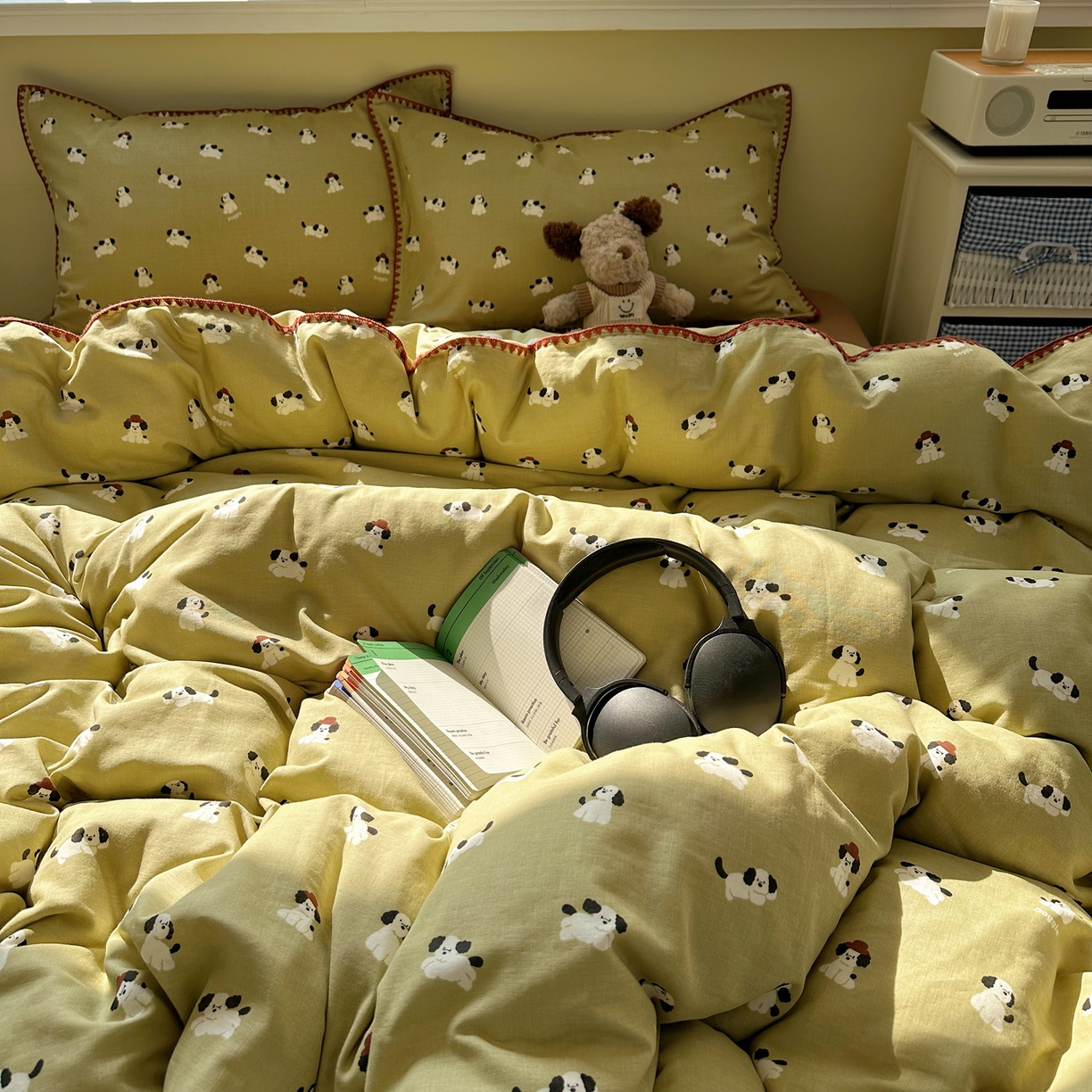 91家纺网 家纺一手货源 找家纺 瑞莱 2026新款A类全棉纯棉有氧双层纱四件套 焦糖奶汪-绿