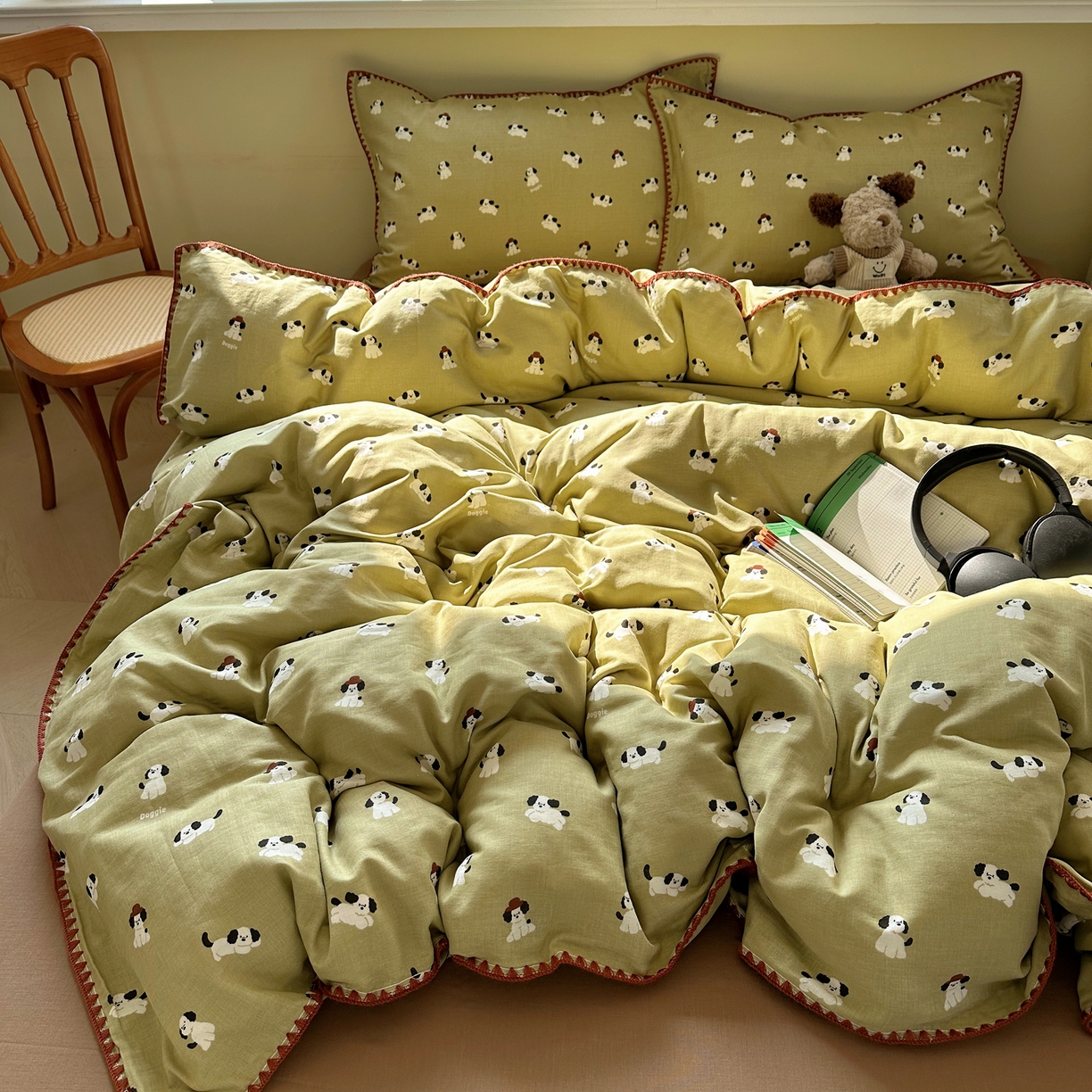 91家纺网 家纺一手货源 找家纺 瑞莱 2026新款A类全棉纯棉有氧双层纱四件套 焦糖奶汪-绿