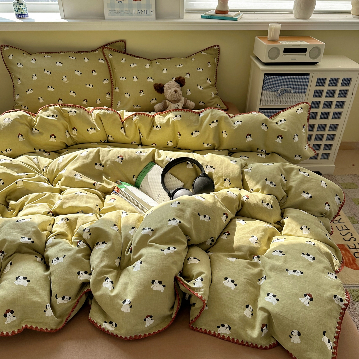 91家纺网 家纺一手货源 找家纺 瑞莱 2026新款A类全棉纯棉有氧双层纱四件套 焦糖奶汪-绿