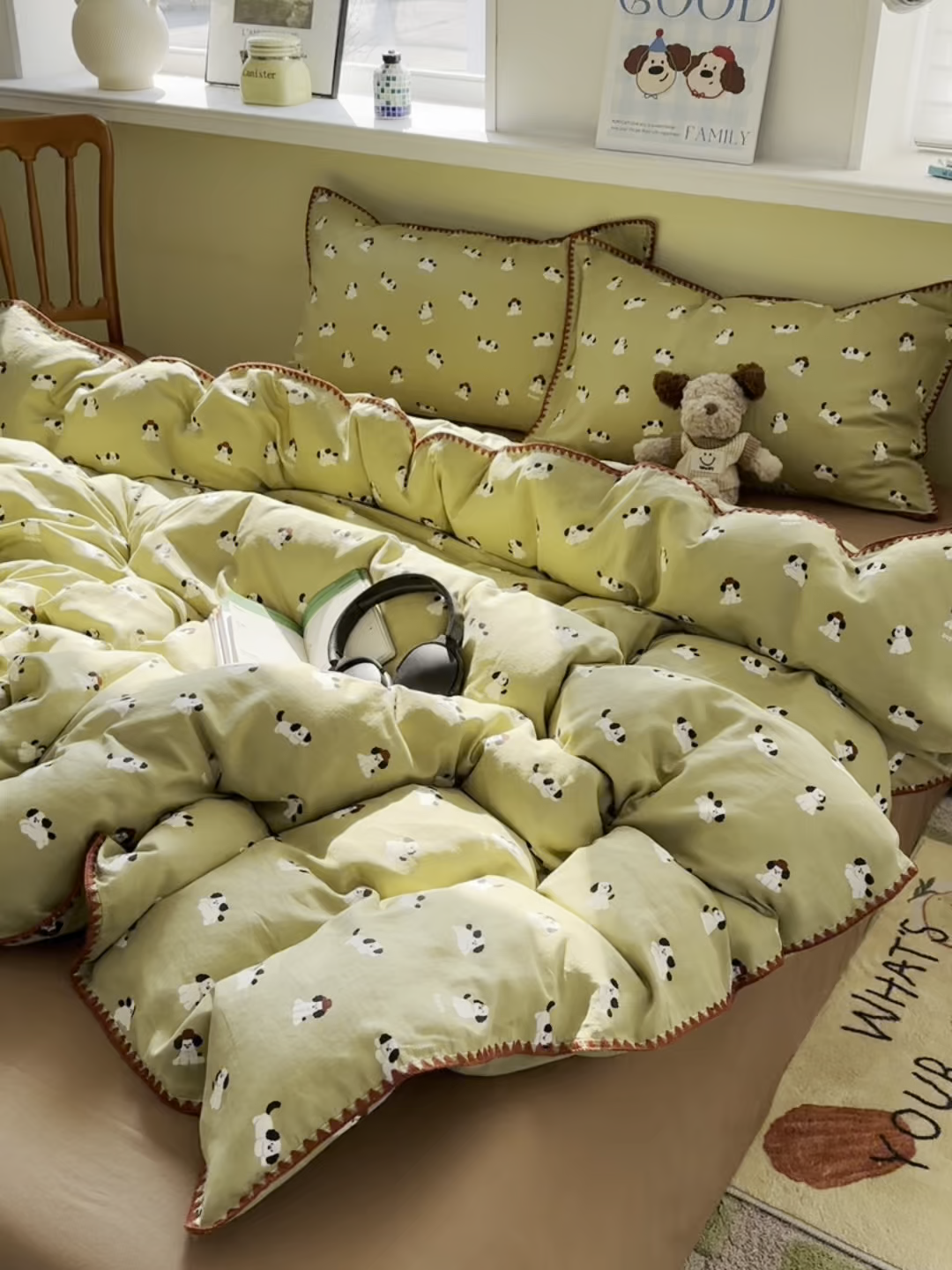 91家纺网 家纺一手货源 找家纺 瑞莱 2026新款A类全棉纯棉有氧双层纱四件套 焦糖奶汪-绿