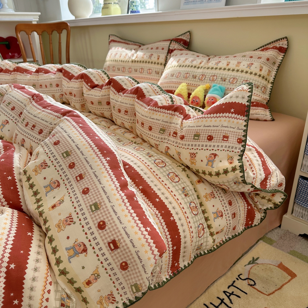 91家纺网 家纺一手货源 找家纺 瑞莱 2026新款A类全棉纯棉有氧双层纱四件套 苹果星星人