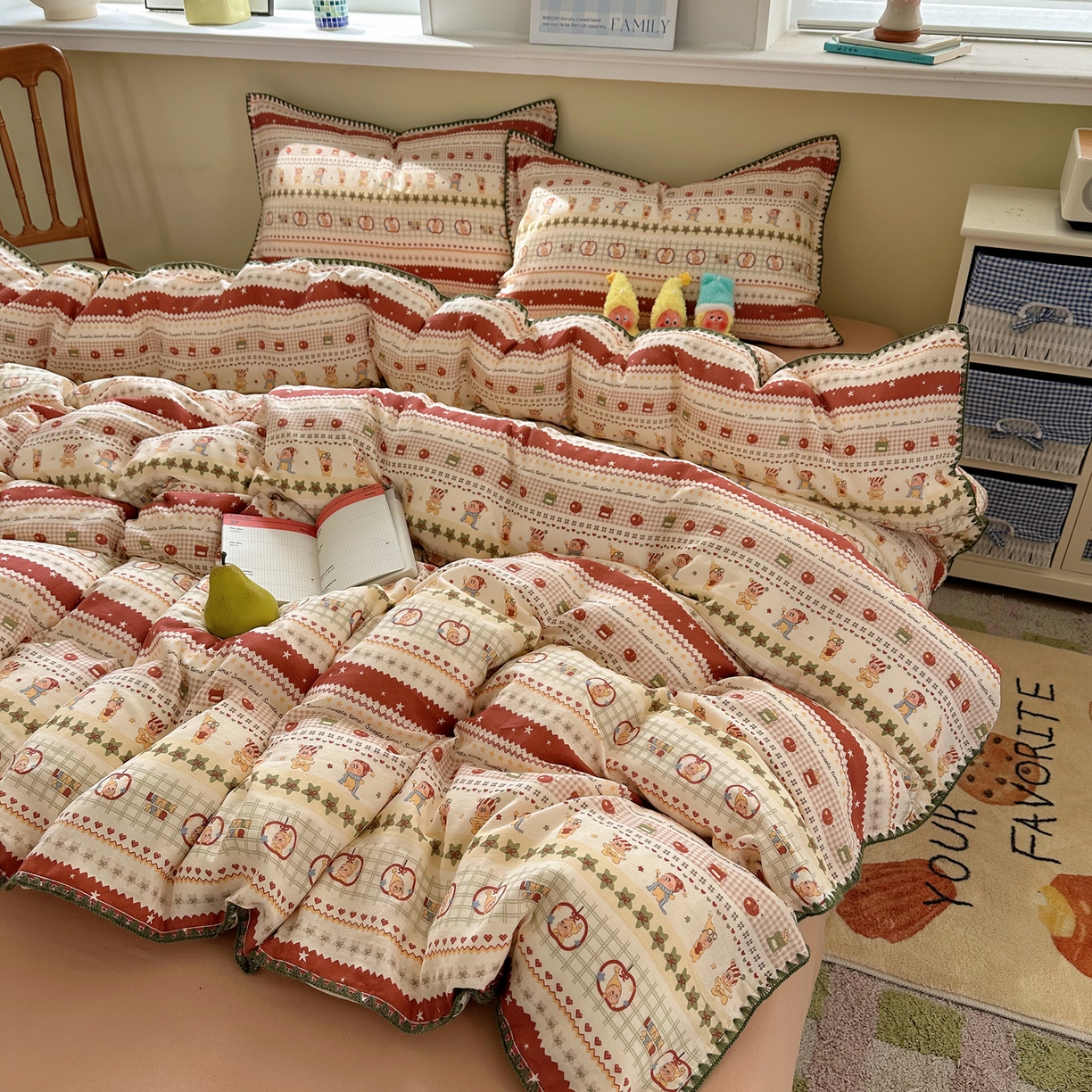 91家纺网 家纺一手货源 找家纺 瑞莱 2026新款A类全棉纯棉有氧双层纱四件套 苹果星星人