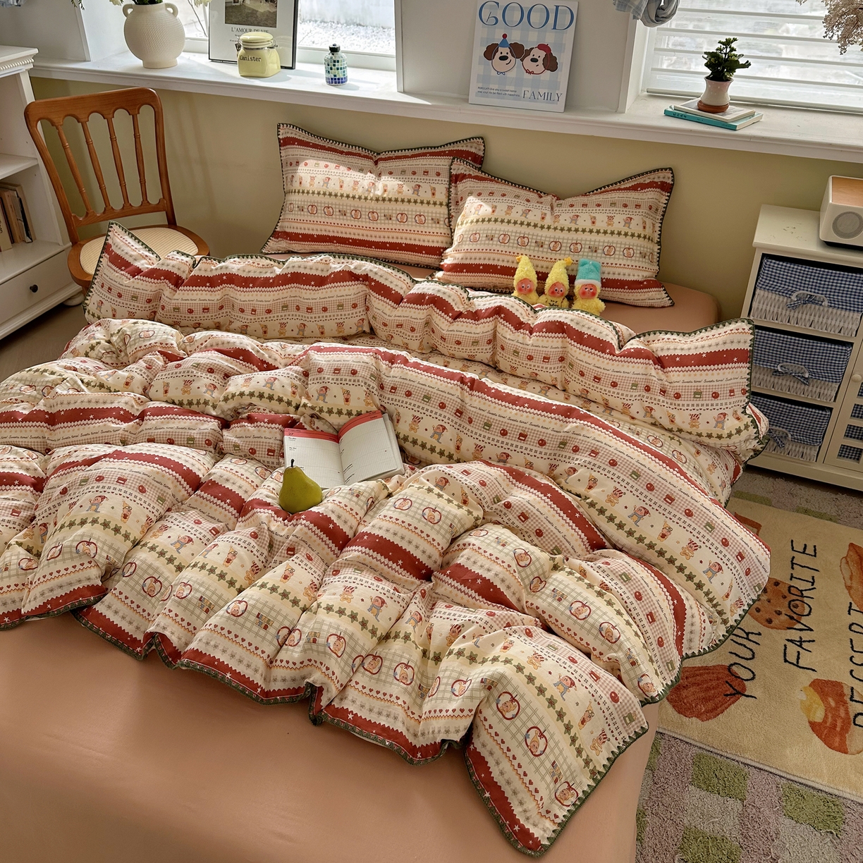 91家纺网 家纺一手货源 找家纺 瑞莱 2026新款A类全棉纯棉有氧双层纱四件套 苹果星星人