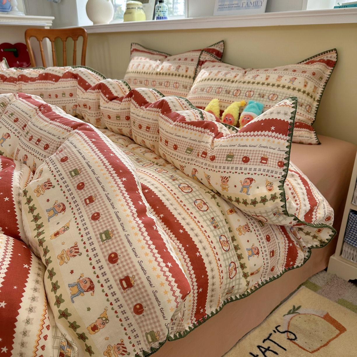 91家纺网 家纺一手货源 找家纺 瑞莱 2026新款A类全棉纯棉有氧双层纱四件套 苹果星星人