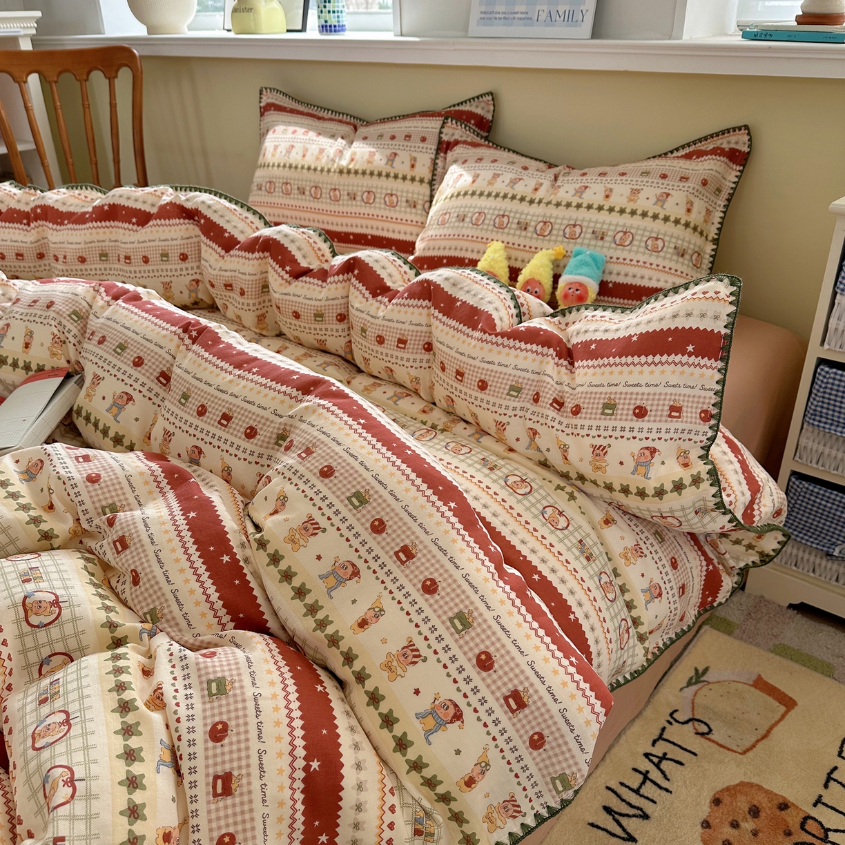 91家纺网 家纺一手货源 找家纺 瑞莱 2026新款A类全棉纯棉有氧双层纱四件套 苹果星星人