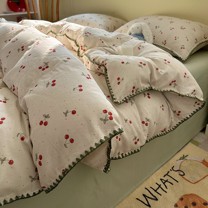 91家纺网 家纺一手货源 找家纺 瑞莱 2026新款A类全棉纯棉有氧双层纱四件套 小樱桃