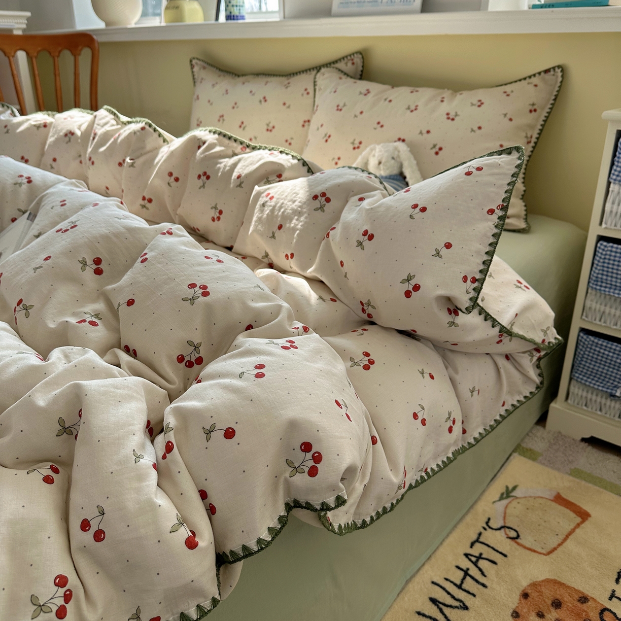 91家纺网 家纺一手货源 找家纺 瑞莱 2026新款A类全棉纯棉有氧双层纱四件套 小樱桃