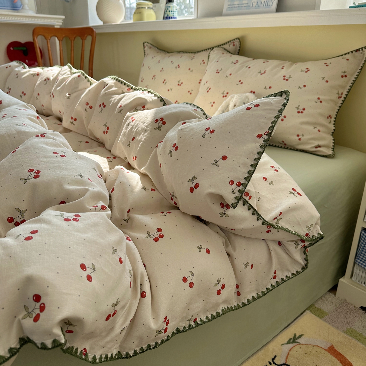 91家纺网 家纺一手货源 找家纺 瑞莱 2026新款A类全棉纯棉有氧双层纱四件套 小樱桃