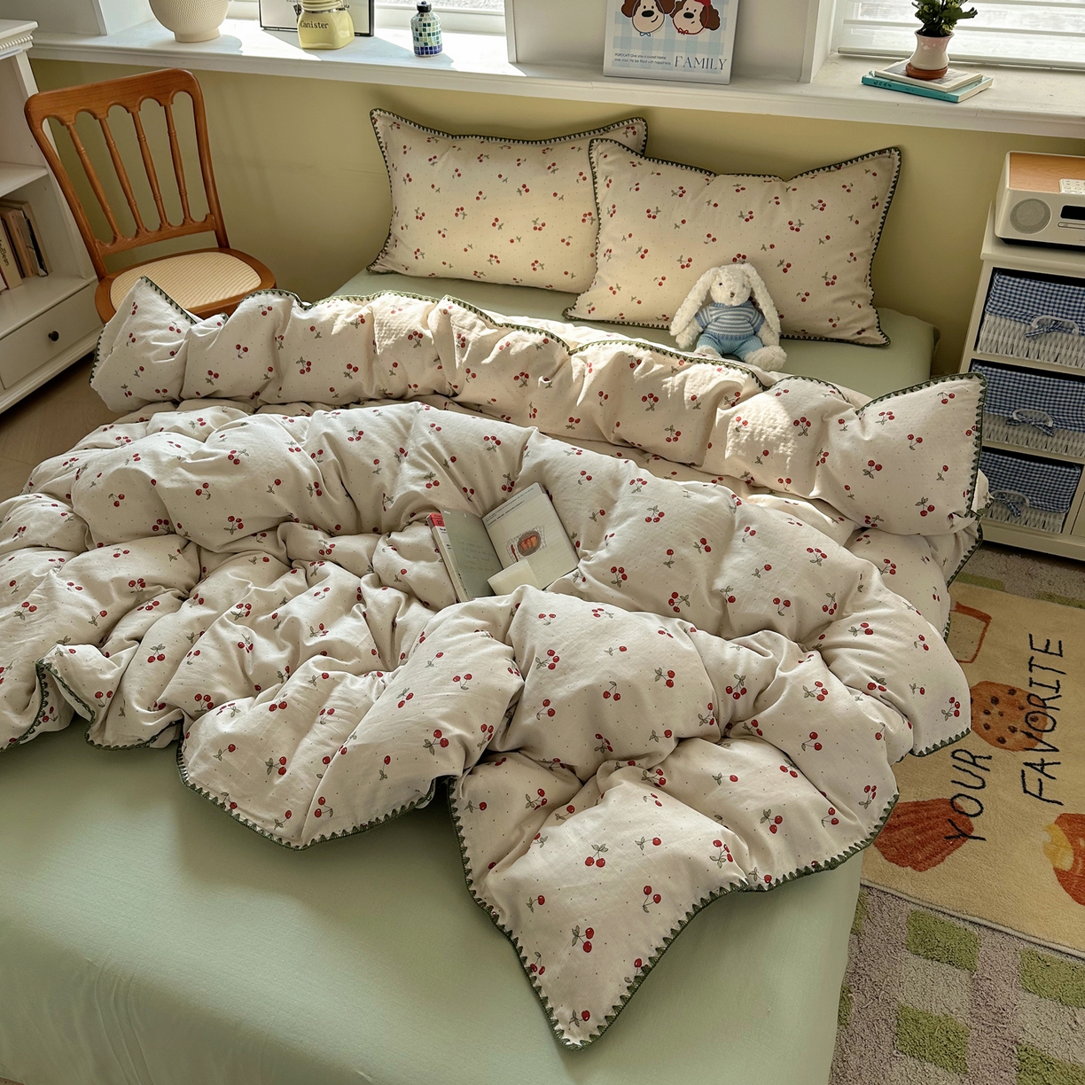 91家纺网 家纺一手货源 找家纺 瑞莱 2026新款A类全棉纯棉有氧双层纱四件套 小樱桃