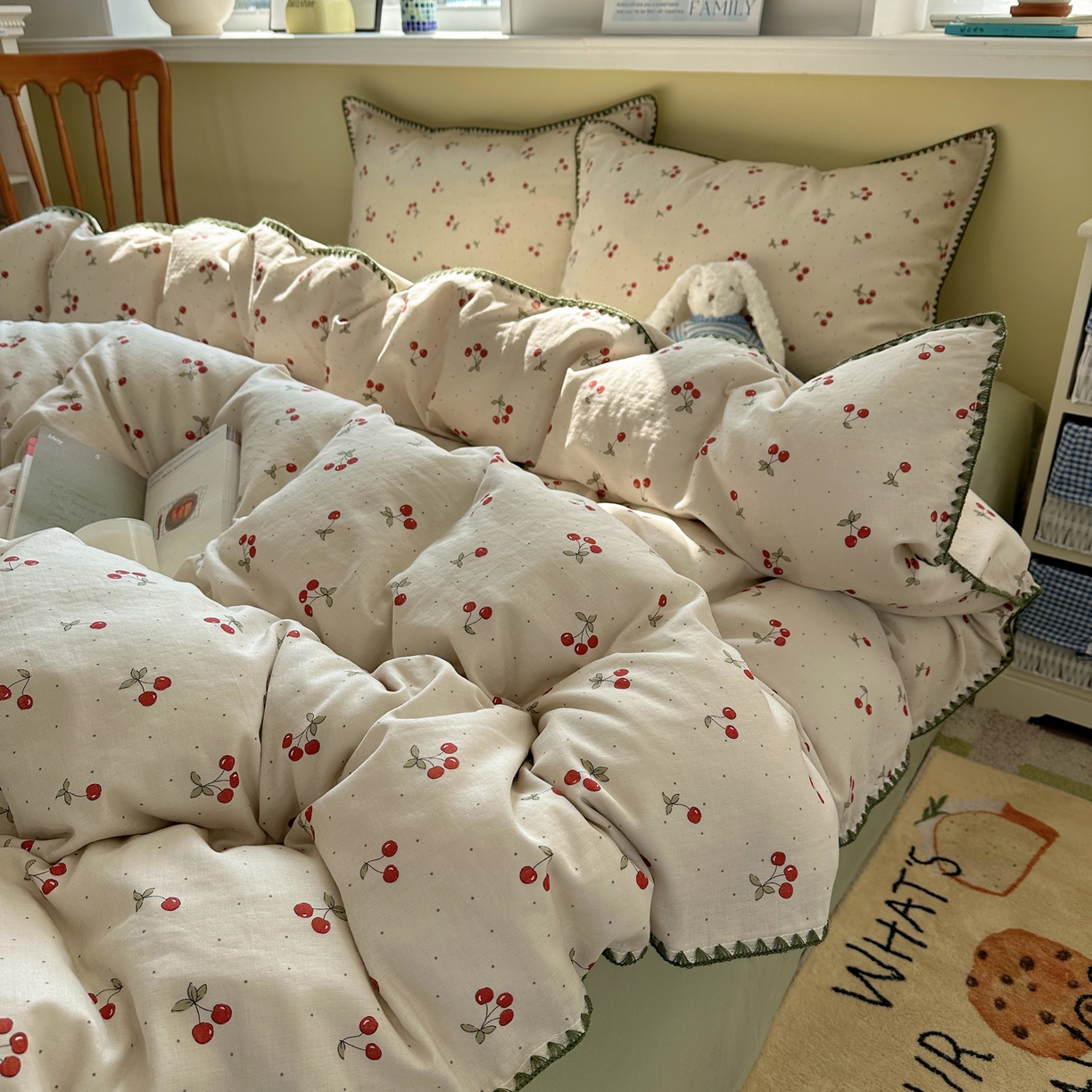 91家纺网 家纺一手货源 找家纺 瑞莱 2026新款A类全棉纯棉有氧双层纱四件套 小樱桃