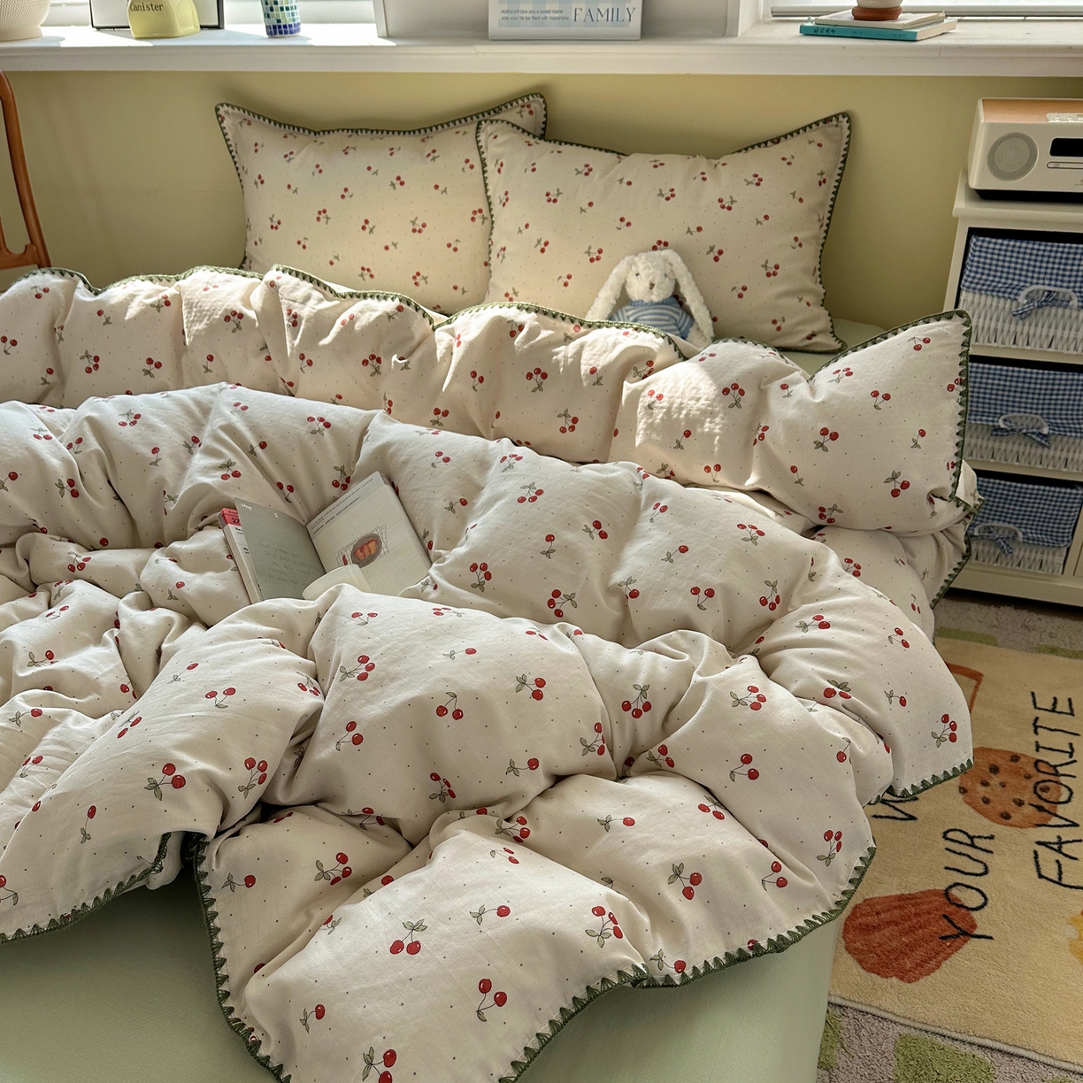 91家纺网 家纺一手货源 找家纺 瑞莱 2026新款A类全棉纯棉有氧双层纱四件套 小樱桃