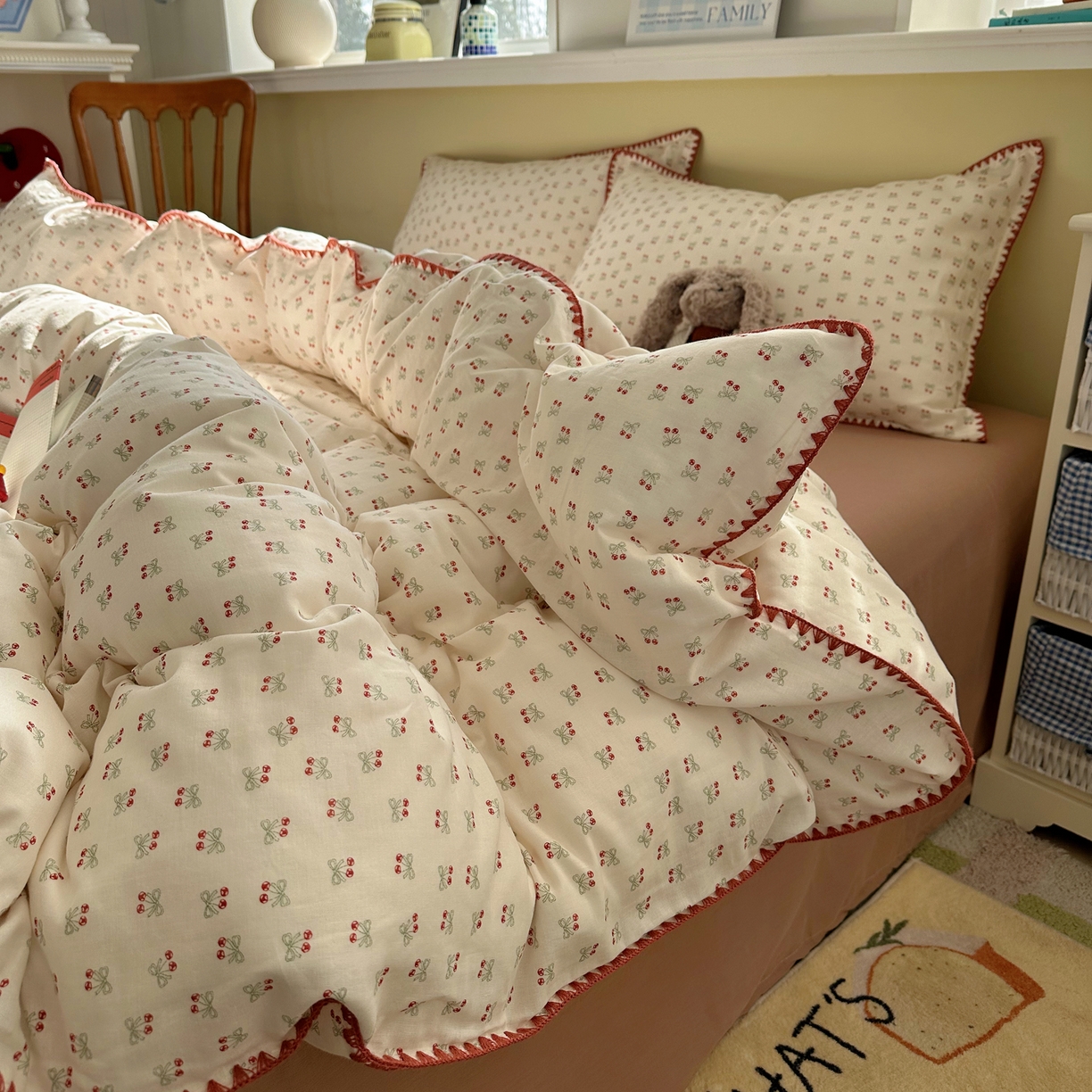 瑞莱 2026新款A类全棉纯棉有氧双层纱四件套 樱桃画报