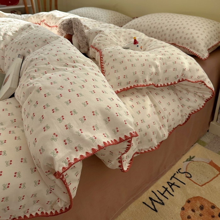 91家纺网 家纺一手货源 找家纺 瑞莱 2026新款A类全棉纯棉有氧双层纱四件套 樱桃画报