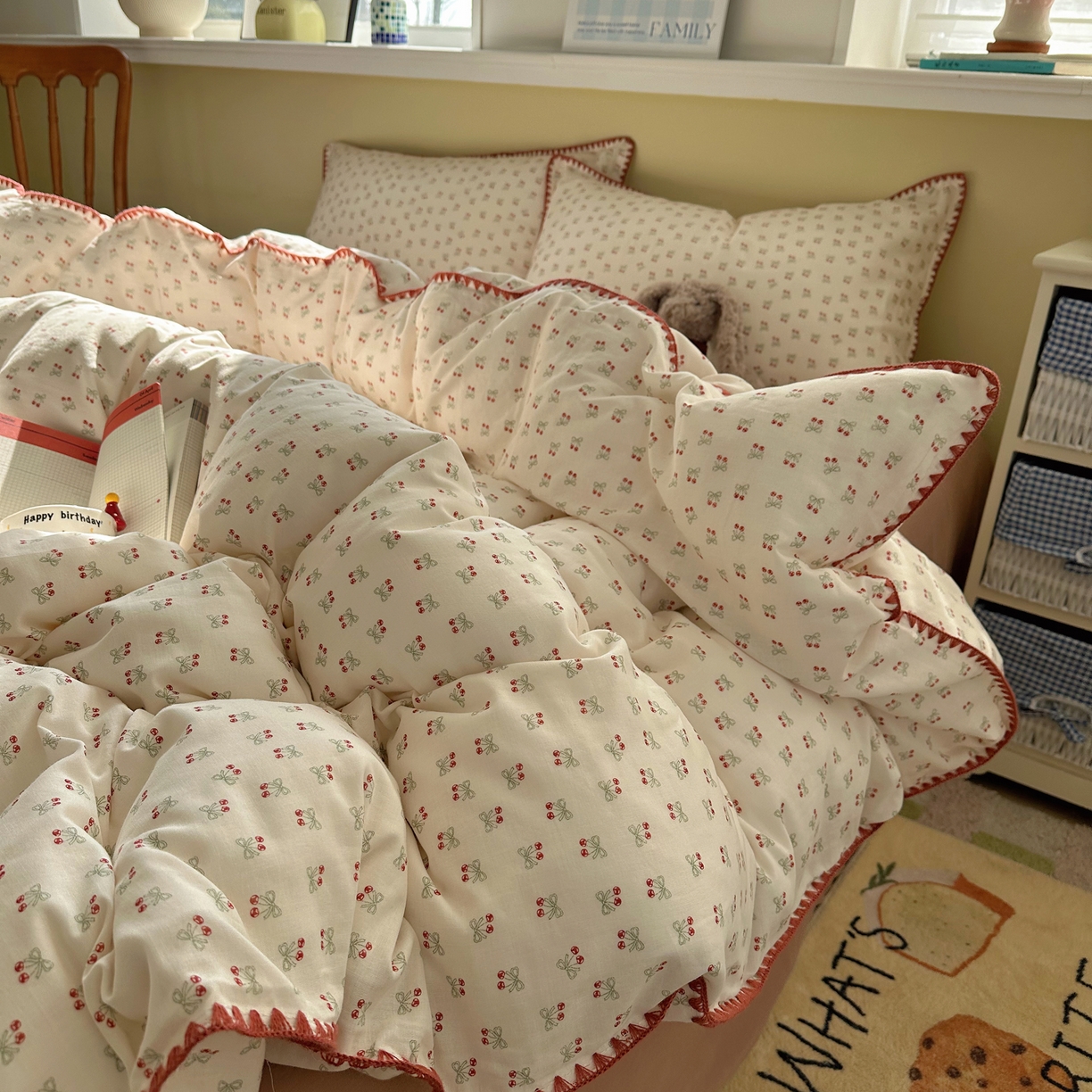 91家纺网 家纺一手货源 找家纺 瑞莱 2026新款A类全棉纯棉有氧双层纱四件套 樱桃画报