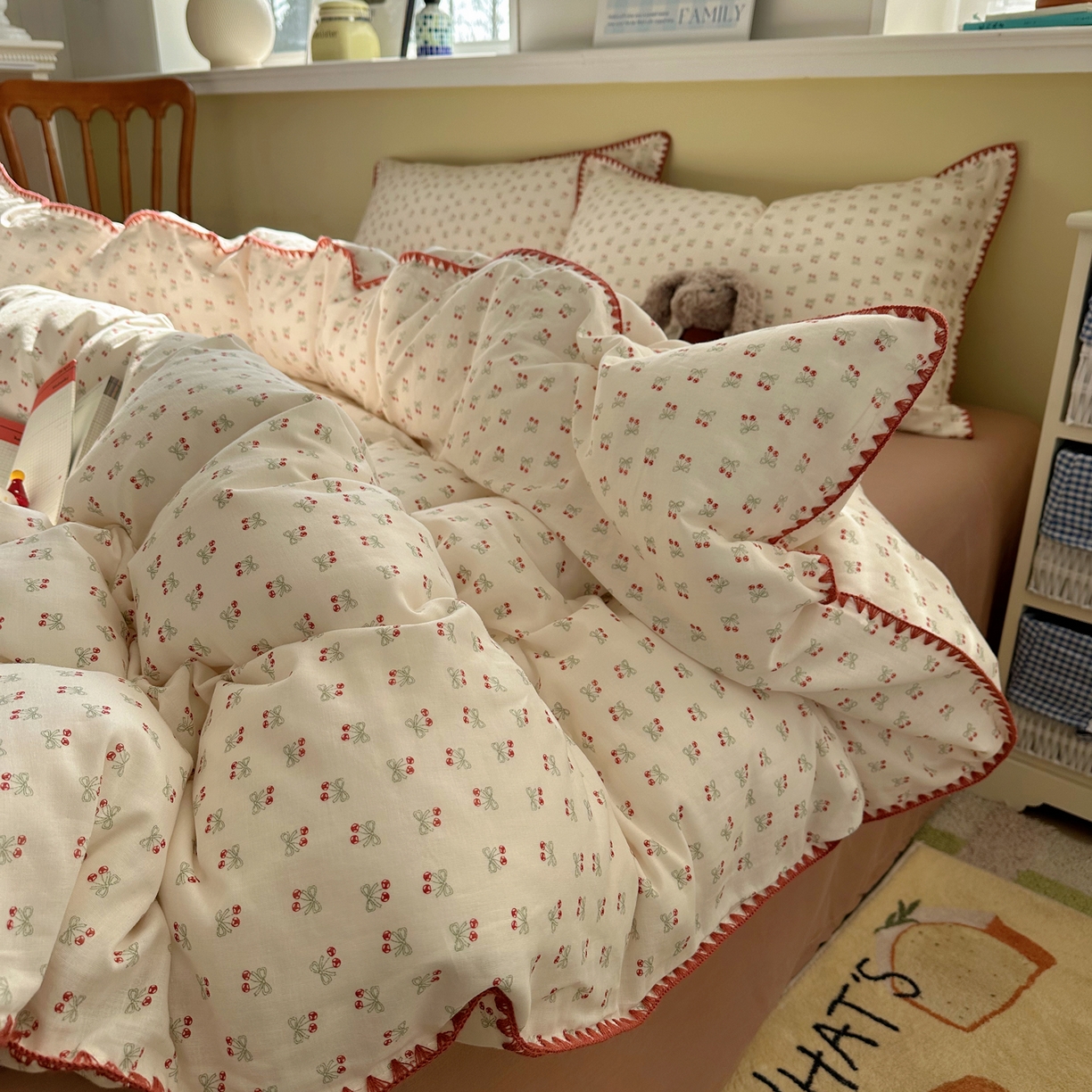 91家纺网 家纺一手货源 找家纺 瑞莱 2026新款A类全棉纯棉有氧双层纱四件套 樱桃画报