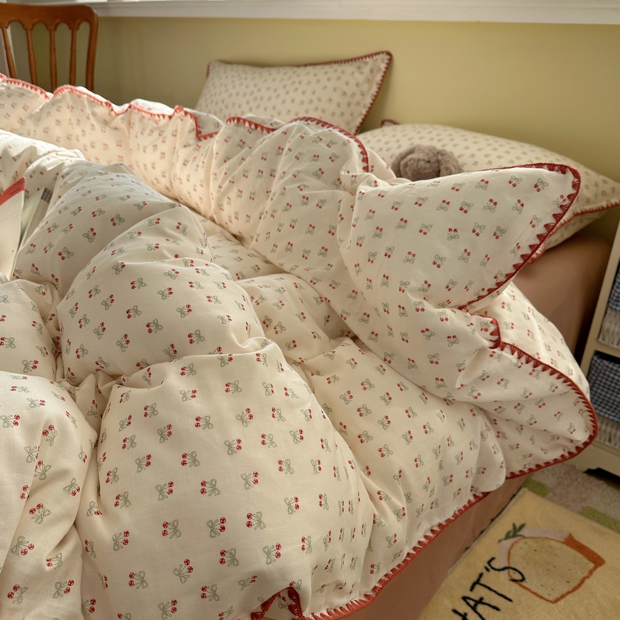 91家纺网 家纺一手货源 找家纺 瑞莱 2026新款A类全棉纯棉有氧双层纱四件套 樱桃画报