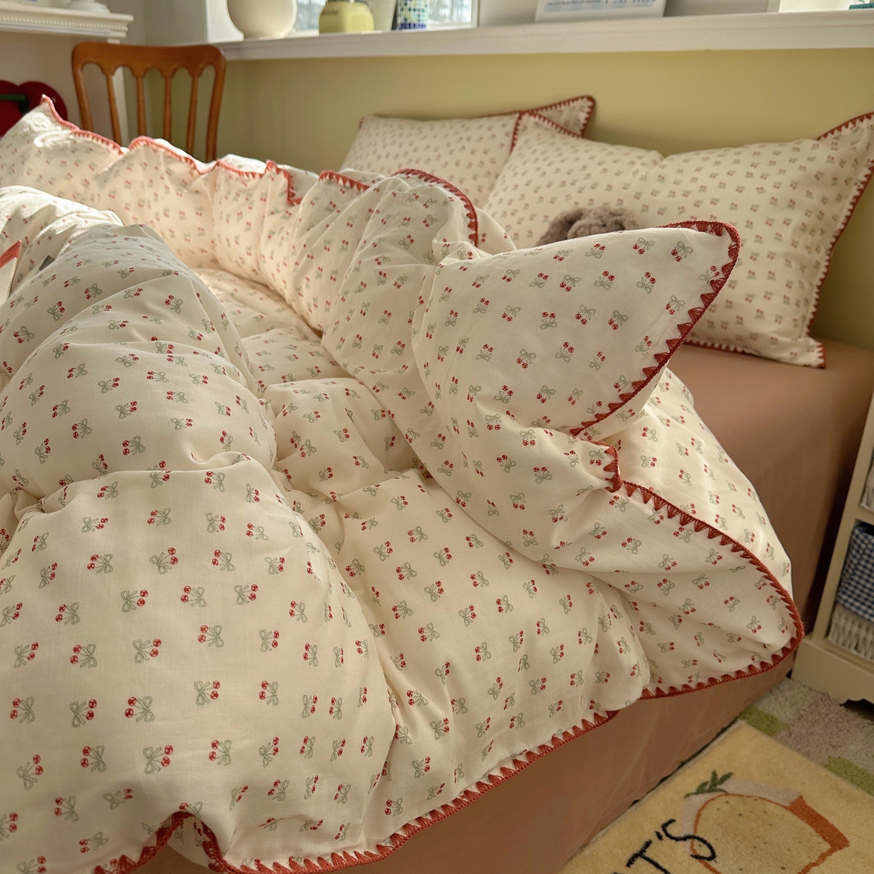 91家纺网 家纺一手货源 找家纺 瑞莱 2026新款A类全棉纯棉有氧双层纱四件套 樱桃画报