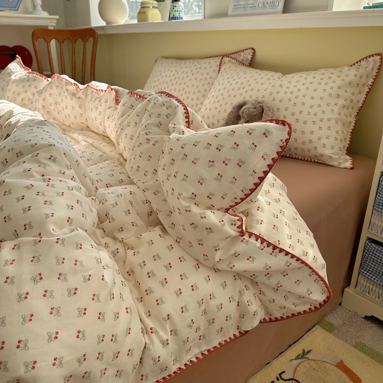 91家纺网 家纺一手货源 找家纺 瑞莱 2026新款A类全棉纯棉有氧双层纱四件套 樱桃画报