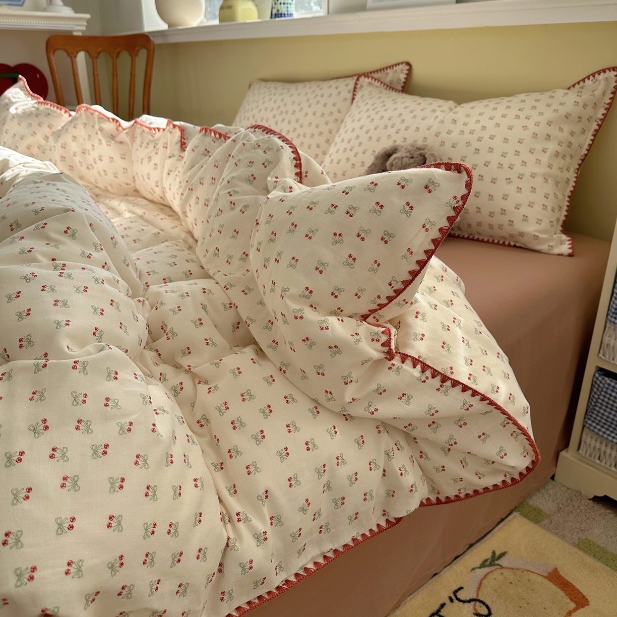 91家纺网 家纺一手货源 找家纺 瑞莱 2026新款A类全棉纯棉有氧双层纱四件套 樱桃画报