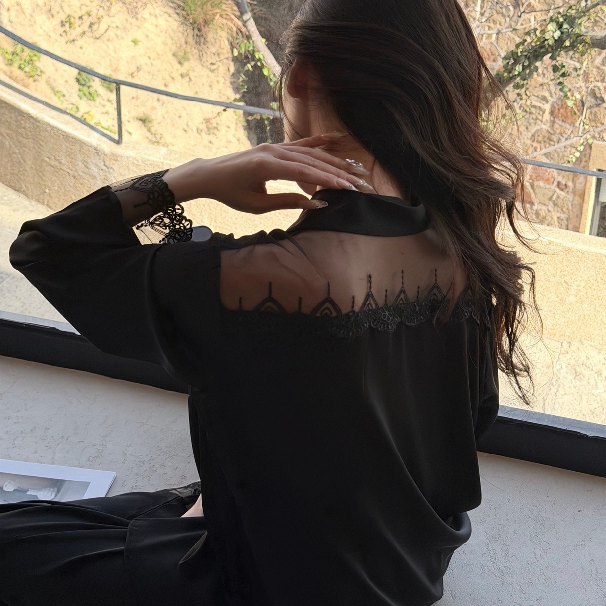 91家纺网 家纺一手货源 找家纺 妍景家居生活馆 2026春夏新款冰雪丝-后背蕾丝套装家居服 冰雪丝-后背蕾丝套装-黑色