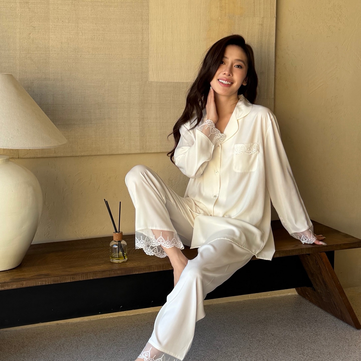 妍景家居生活馆 2026春夏新款冰雪丝-后背蕾丝套装家居服 冰雪丝-后背蕾丝套装-白色