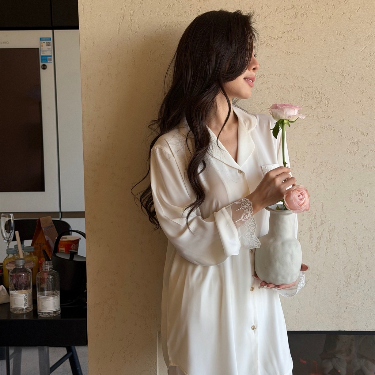 91家纺网 家纺一手货源 找家纺 妍景家居生活馆 2026春夏新款冰雪丝-后背蕾丝套装家居服 冰雪丝-后背蕾丝套装-白色