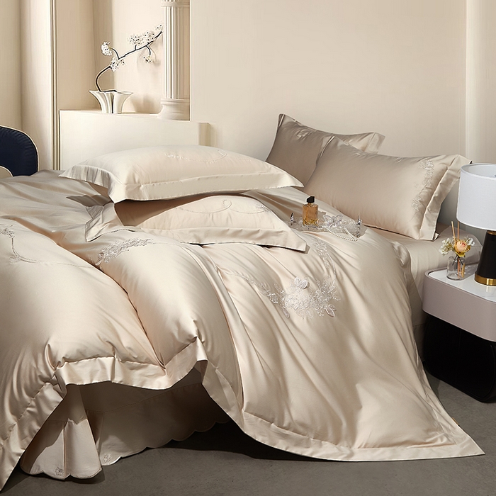 91家纺网 家纺一手货源 找家纺 诗黛尔 2026春夏新品长绒棉刺绣四件套茱莉叶系列 茱莉叶-奶茶米