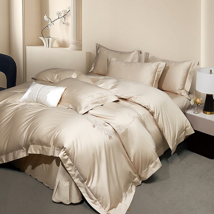 91家纺网 家纺一手货源 找家纺 诗黛尔 2026春夏新品长绒棉刺绣四件套茱莉叶系列 茱莉叶-奶茶米