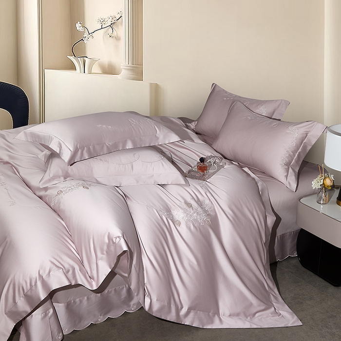 91家纺网 家纺一手货源 找家纺 诗黛尔 2026春夏新品长绒棉刺绣四件套茱莉叶系列 茱莉叶-仙娜粉