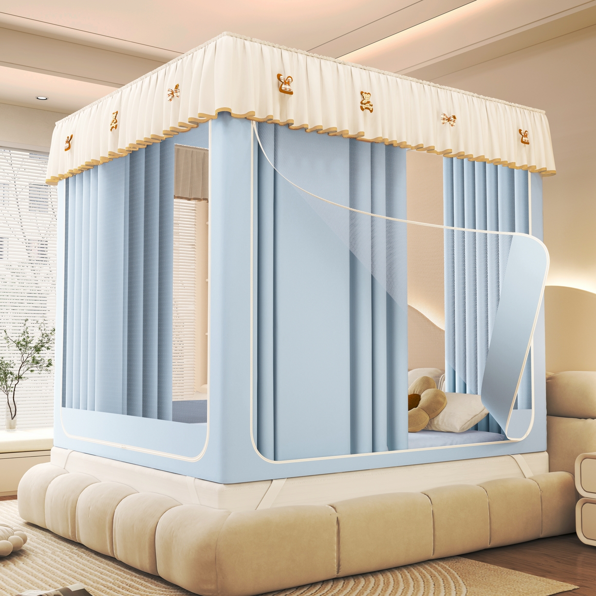 91家纺网 家纺一手货源 找家纺 （总）初心家纺 2026新款时尚ins拉链式防摔坐床 床帘款遮光蚊帐