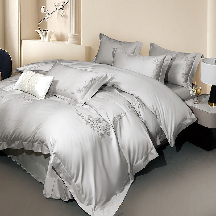 91家纺网 家纺一手货源 找家纺 诗黛尔 2026春夏新品长绒棉刺绣四件套茱莉叶系列 茱莉叶-月光灰