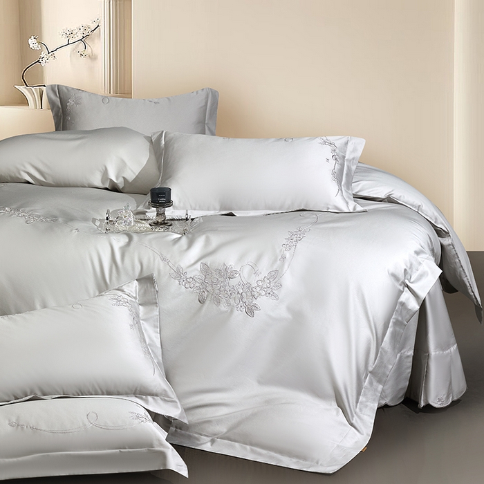 91家纺网 家纺一手货源 找家纺 诗黛尔 2026春夏新品长绒棉刺绣四件套茱莉叶系列 茱莉叶-月光灰