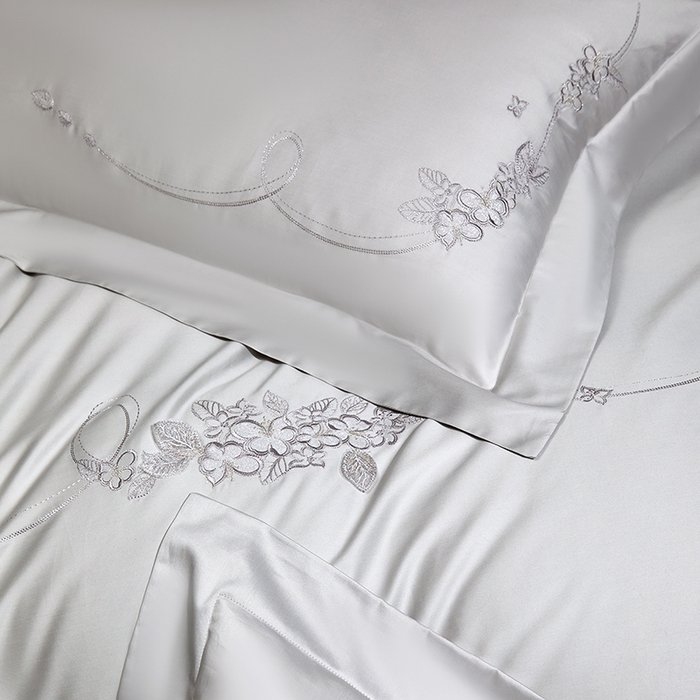 91家纺网 家纺一手货源 找家纺 诗黛尔 2026春夏新品长绒棉刺绣四件套茱莉叶系列 茱莉叶-月光灰