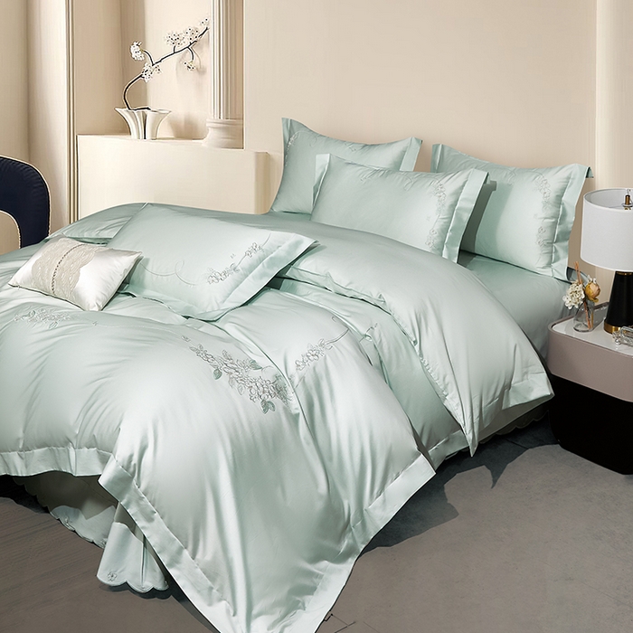 91家纺网 家纺一手货源 找家纺 诗黛尔 2026春夏新品长绒棉刺绣四件套茱莉叶系列 茱莉叶-竹影绿