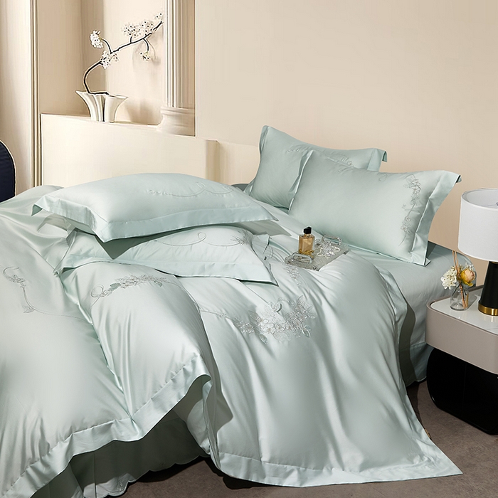 91家纺网 家纺一手货源 找家纺 诗黛尔 2026春夏新品长绒棉刺绣四件套茱莉叶系列 茱莉叶-竹影绿