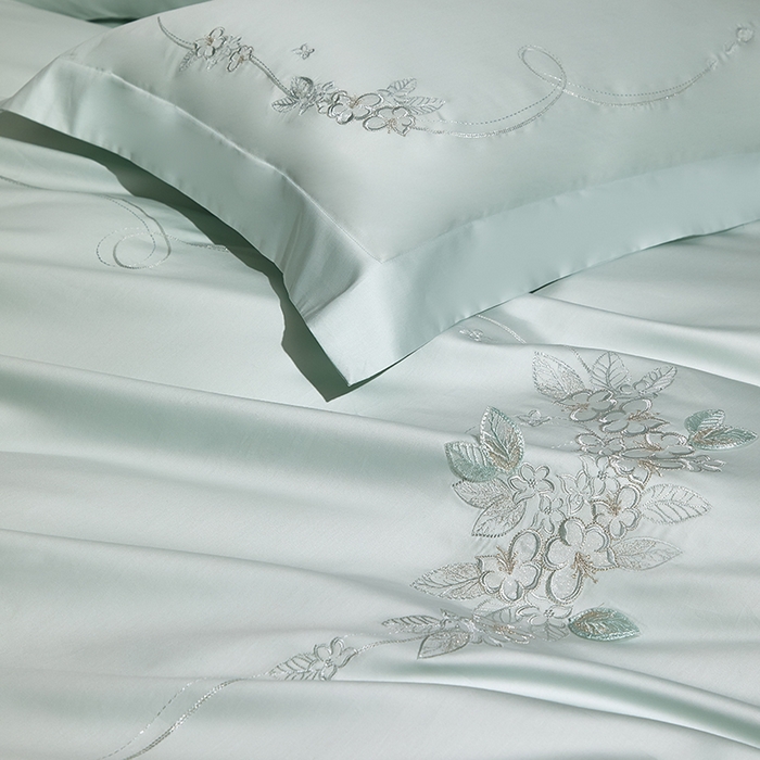 91家纺网 家纺一手货源 找家纺 诗黛尔 2026春夏新品长绒棉刺绣四件套茱莉叶系列 茱莉叶-竹影绿