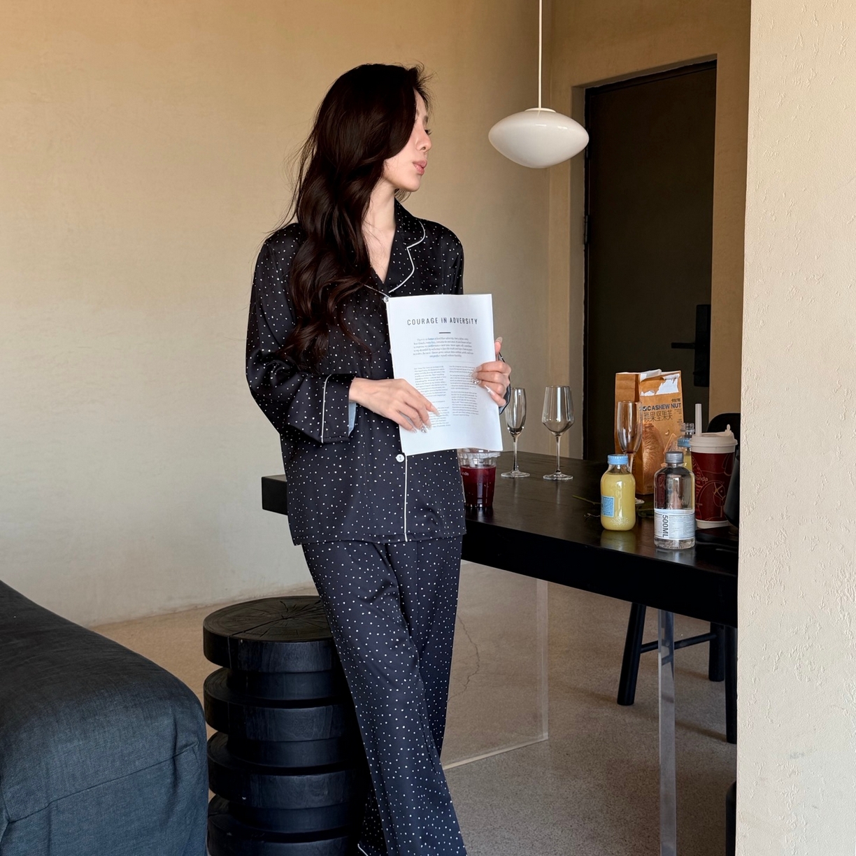 91家纺网 家纺一手货源 找家纺 妍景家居生活馆 2026春夏新款冰雪丝-点点三角形家居服 冰雪丝-点点三件套-黑色