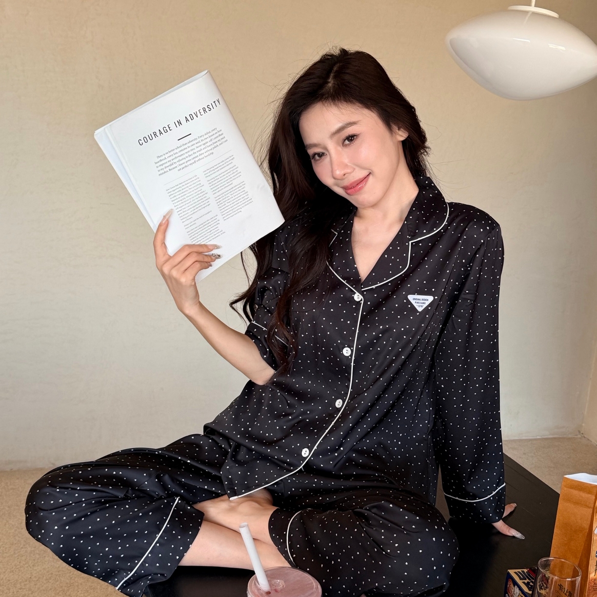 91家纺网 家纺一手货源 找家纺 妍景家居生活馆 2026春夏新款冰雪丝-点点三角形家居服 冰雪丝-点点三件套-黑色